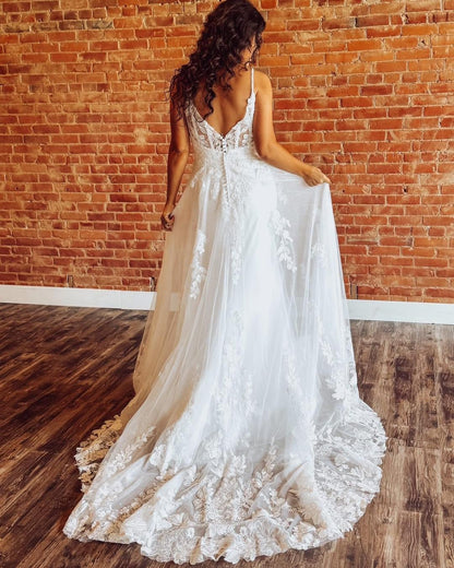 A Line Beach Wedding Dresses for Women Tulle Appliqued Boho V Neck Bridal Gowns HE1128