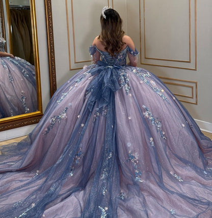 Glittery Tulle Lace Appliqued Off Shoulder Sweet 16 Quinceanera Dresses HE904