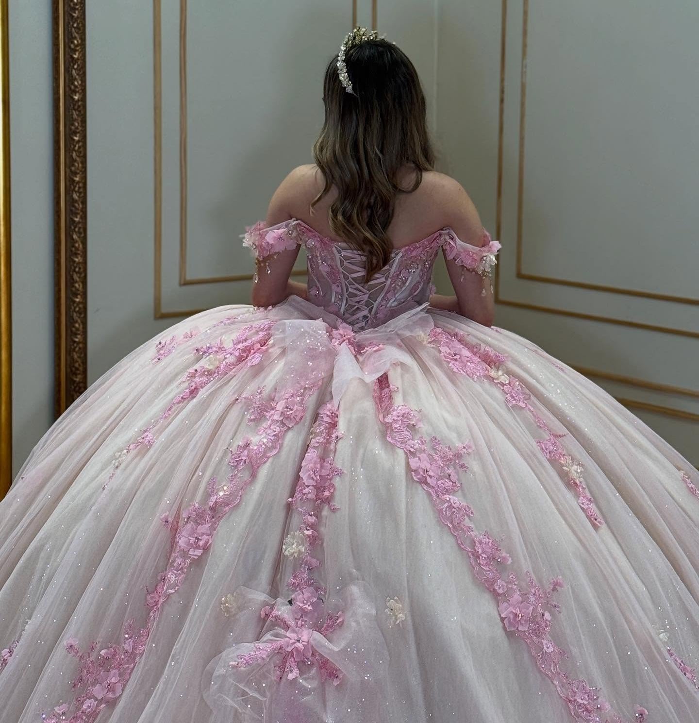 Glittery Tulle Appliqued Beaded Corset Pink Quinceanera Dresses for Birthday Party HE909