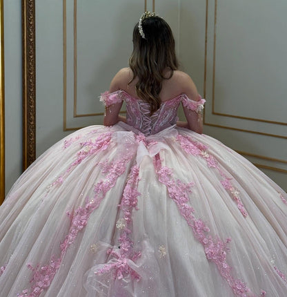 Glittery Tulle Appliqued Beaded Corset Pink Quinceanera Dresses for Birthday Party HE909