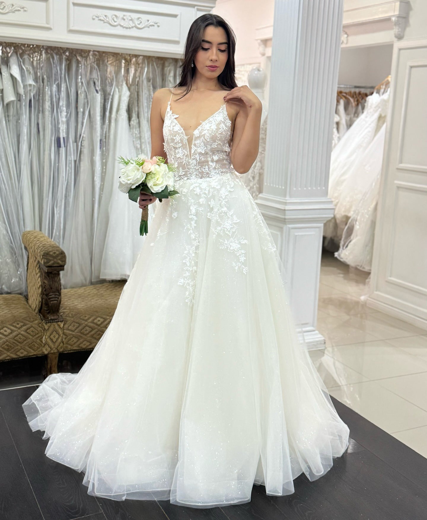 Boho Lace Wedding Dresses for Bride A Line Tulle Appliqued Beach Wedding Gowns HE997