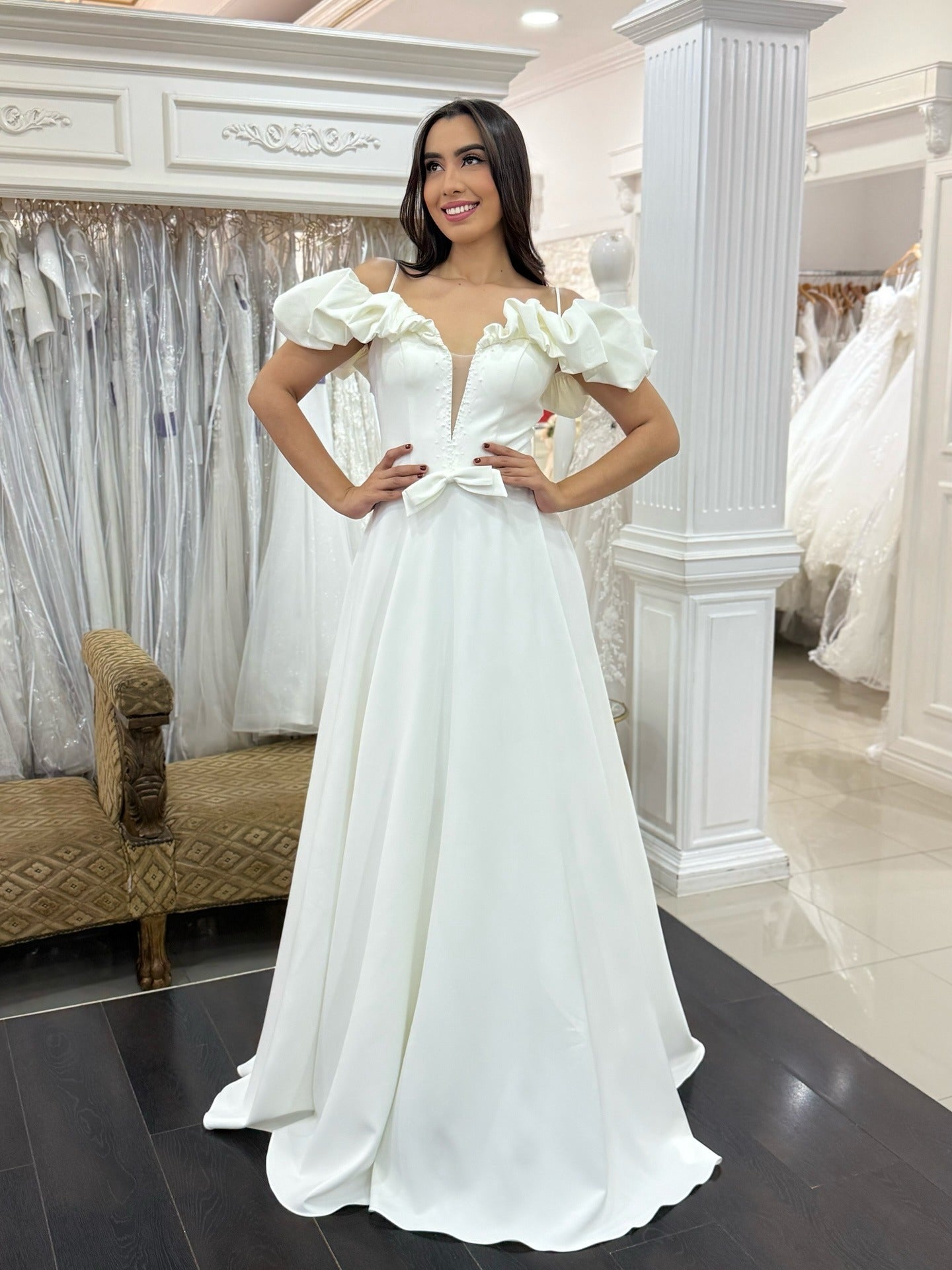 Plus Size Satin A Line Wedding Dresses Elegant Off Shoulder Wedding Gowns for Bride HE996
