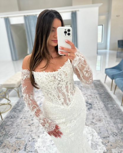 Mermaid Tulle Lace Appliqued Long Sleeves Bride Wedding Dresses Boho Wedding Gowns HE985