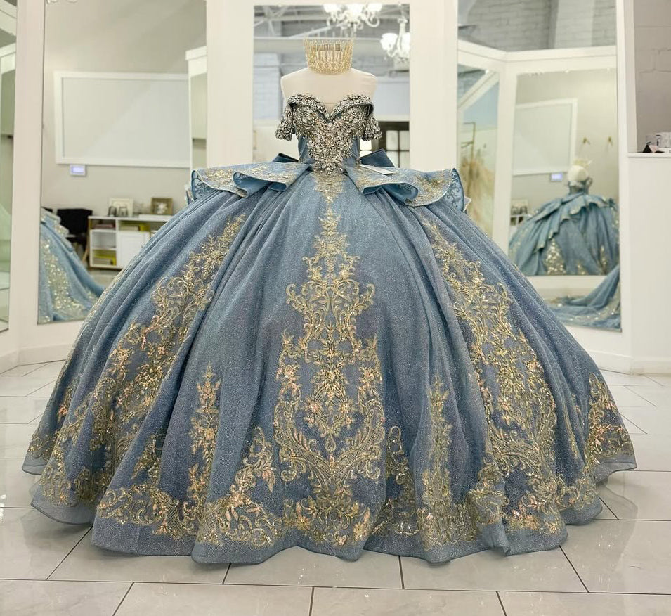 Off Shoulder Glittery Tulle Appliqued Quinceanera Dresses for Sweet 16 Party HE928