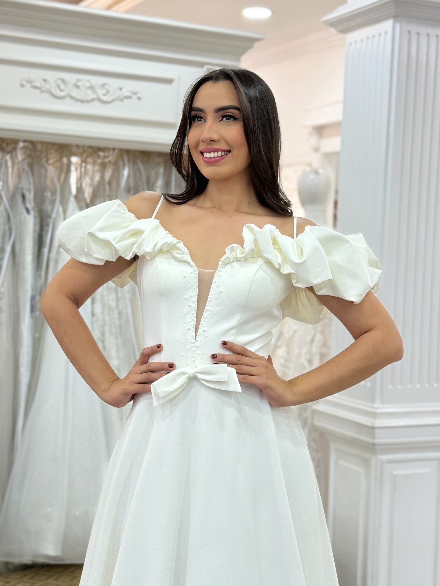 Plus Size Satin A Line Wedding Dresses Elegant Off Shoulder Wedding Gowns for Bride HE996