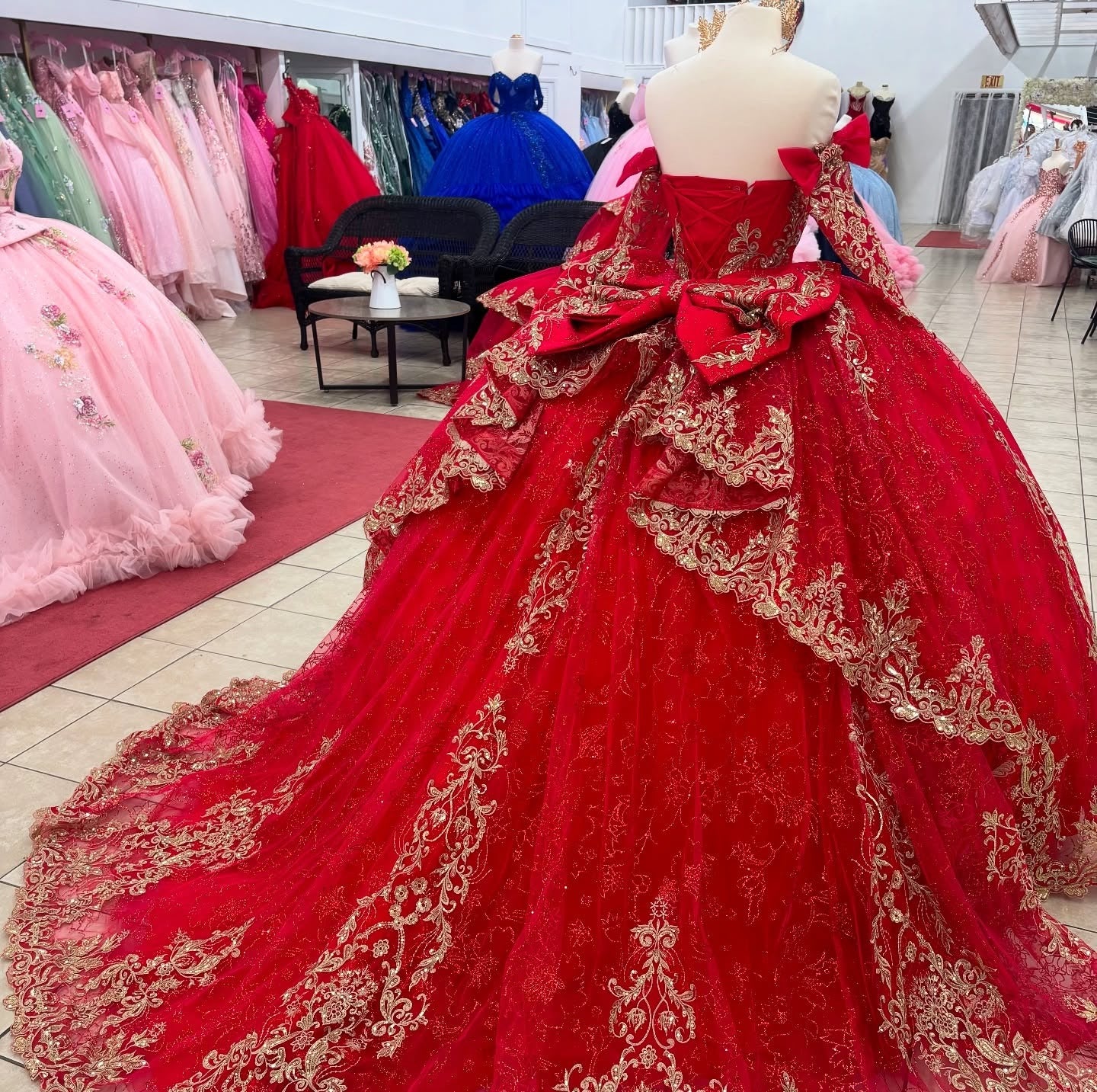 Glittery Tulle Lace Long Sleeves Sweetheart Red Quinceanera Dresses for Birthday Party HE946