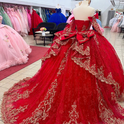 Glittery Tulle Lace Long Sleeves Sweetheart Red Quinceanera Dresses for Birthday Party HE946