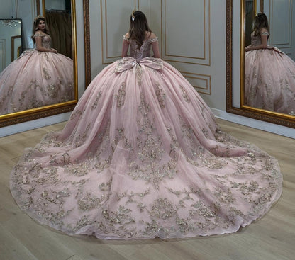 Luxury Tulle Appliqued Beaded Off Shoulder Pink Quinceanera Dresses for Sweet 16 HE908
