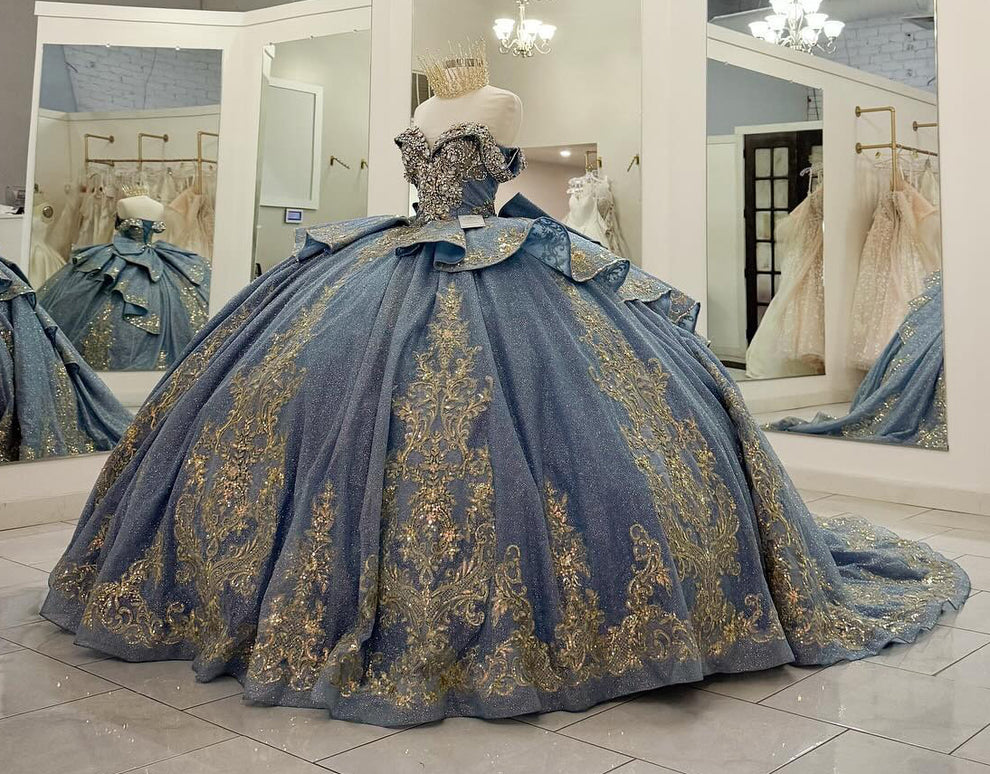 Sparkly Blue Off The Shoulder Tulle Sequin Appliques Quinceanera Dress Formal Sweet 16 Dress SP486