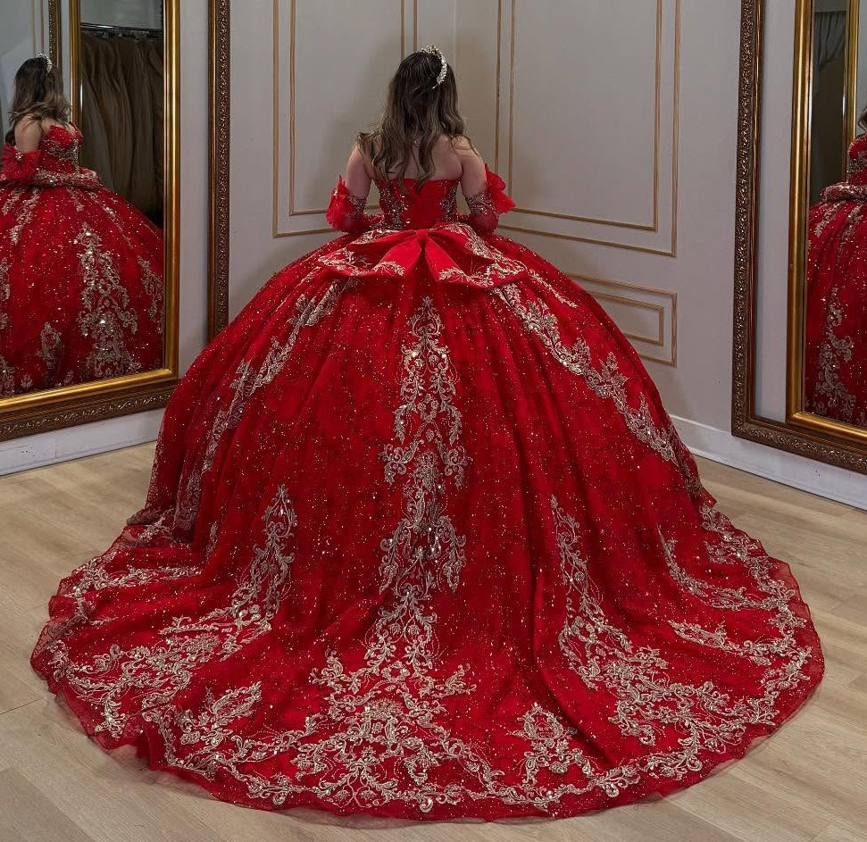 Sweetheart Tulle Lace Beaded Sweet 15 Red Quinceanera Dresses with Detachable Sleeves HE907