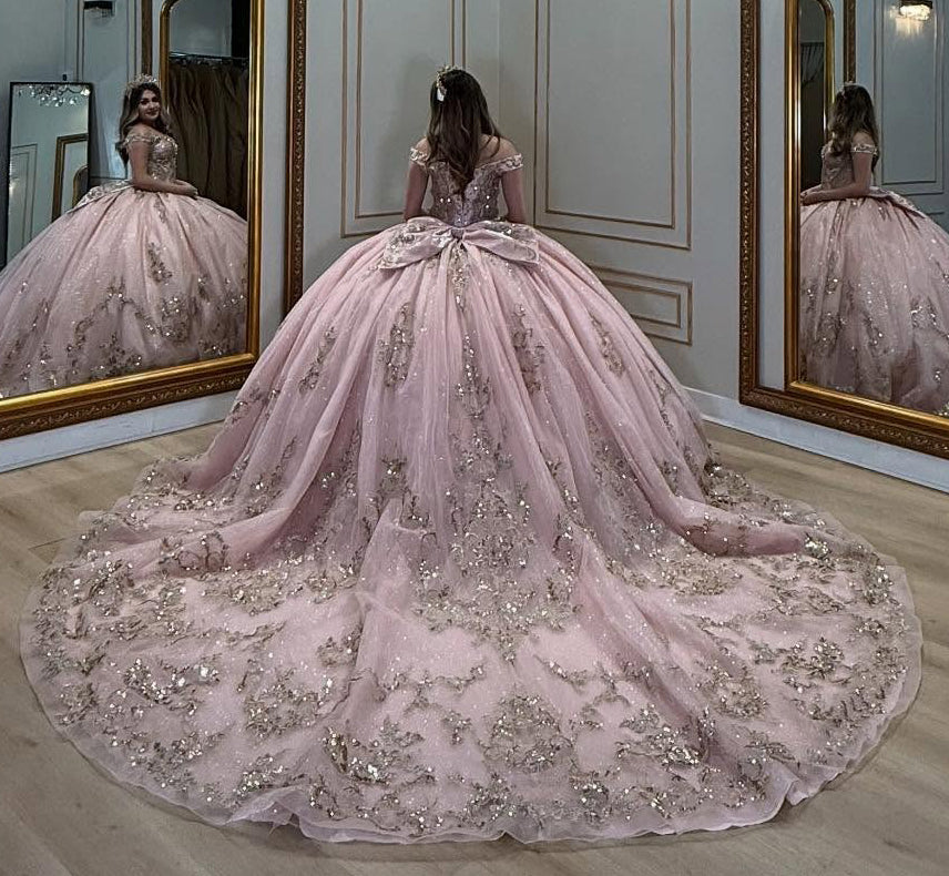Luxury Tulle Appliqued Beaded Off Shoulder Pink Quinceanera Dresses for Sweet 16 HE908