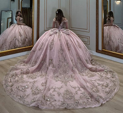 Luxury Tulle Appliqued Beaded Off Shoulder Pink Quinceanera Dresses for Sweet 16 HE908