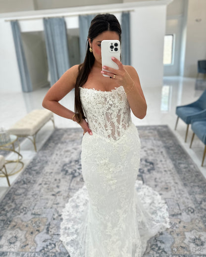 Mermaid Tulle Lace Appliqued Long Sleeves Bride Wedding Dresses Boho Wedding Gowns HE985