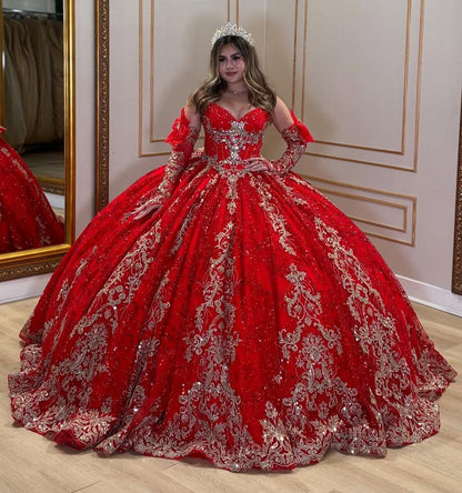 Sweetheart Tulle Lace Beaded Sweet 15 Red Quinceanera Dresses with Detachable Sleeves HE907