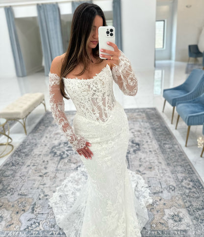 Mermaid Tulle Lace Appliqued Long Sleeves Bride Wedding Dresses Boho Wedding Gowns HE985