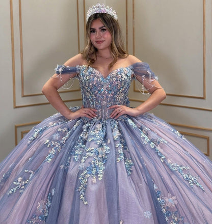 Glittery Tulle Lace Appliqued Off Shoulder Sweet 16 Quinceanera Dresses HE904