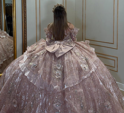 Sweetheart Luxury Tulle 3D Flowers Ruffles Pink Quinceanera Dresses HE898