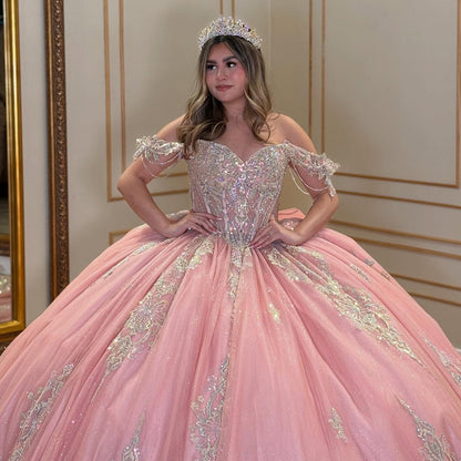 Off Shoulder Glittery Tulle Appliqued Beaded Pink Quinceanera Dresses for Sweet 16 HE905