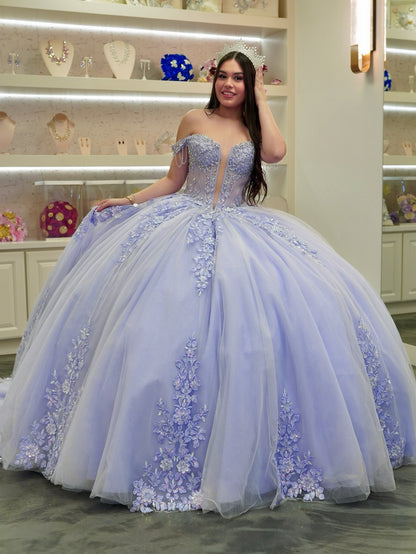 Princess Tulle Lace Appliqued Off Shoulder Lilac Quinceanera Dresses HE902
