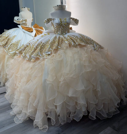 Off Shoulder Champagne Tulle Ruffles Lace Beaded Quinceanera Dresses for Sweet 16 HE933