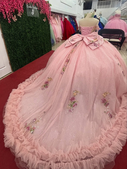 Off Shoulder Glittery Tulle Lace Beaded Pink Quinceanera Dresses for Sweet 16 HE947