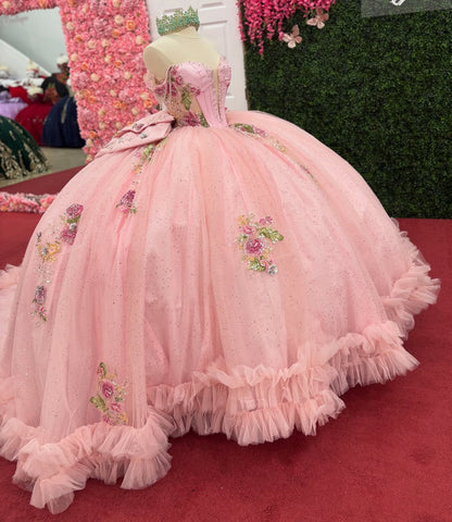 Off Shoulder Glittery Tulle Lace Beaded Pink Quinceanera Dresses for Sweet 16 HE947
