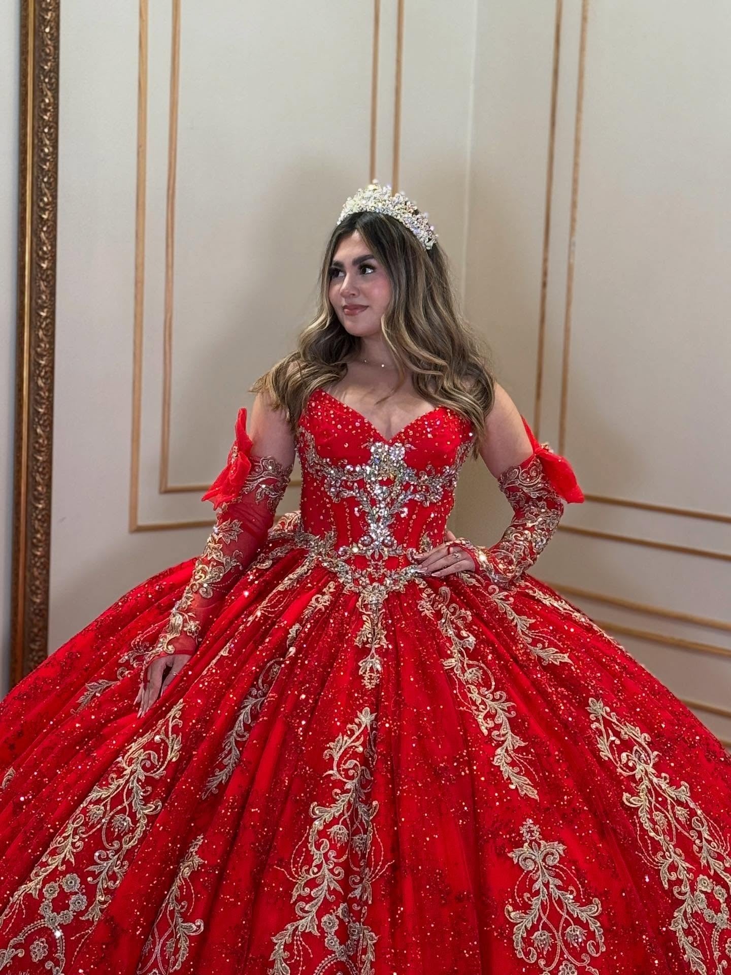 Sweetheart Tulle Lace Beaded Sweet 15 Red Quinceanera Dresses with Detachable Sleeves HE907
