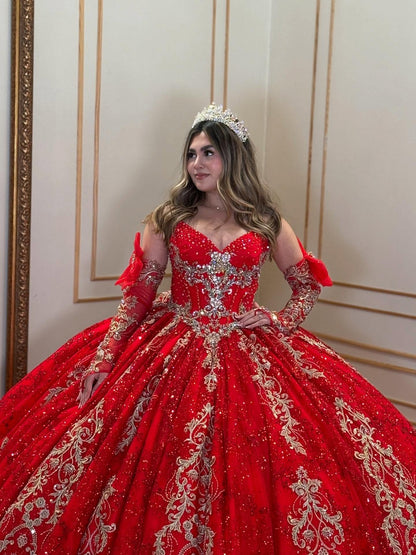 Sweetheart Tulle Lace Beaded Sweet 15 Red Quinceanera Dresses with Detachable Sleeves HE907