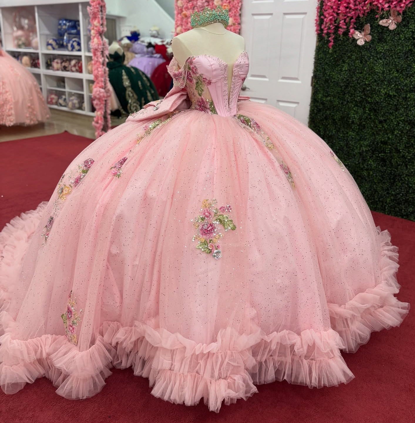 Off Shoulder Glittery Tulle Lace Beaded Pink Quinceanera Dresses for Sweet 16 HE947
