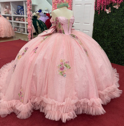 Off Shoulder Glittery Tulle Lace Beaded Pink Quinceanera Dresses for Sweet 16 HE947
