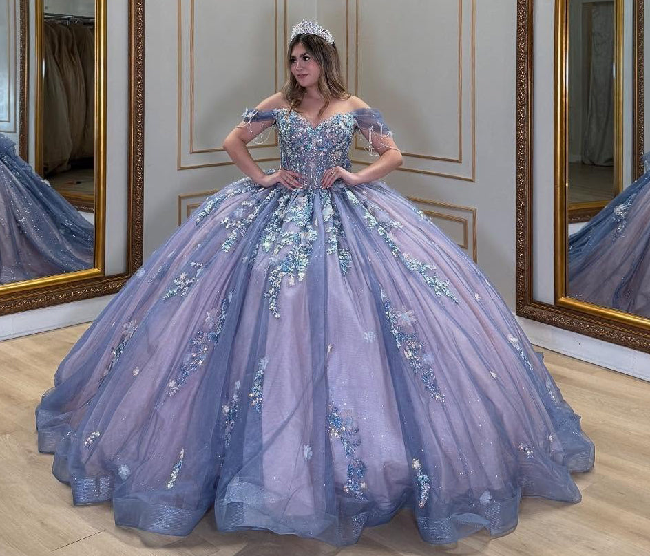 Glittery Tulle Lace Appliqued Off Shoulder Sweet 16 Quinceanera Dresses HE904