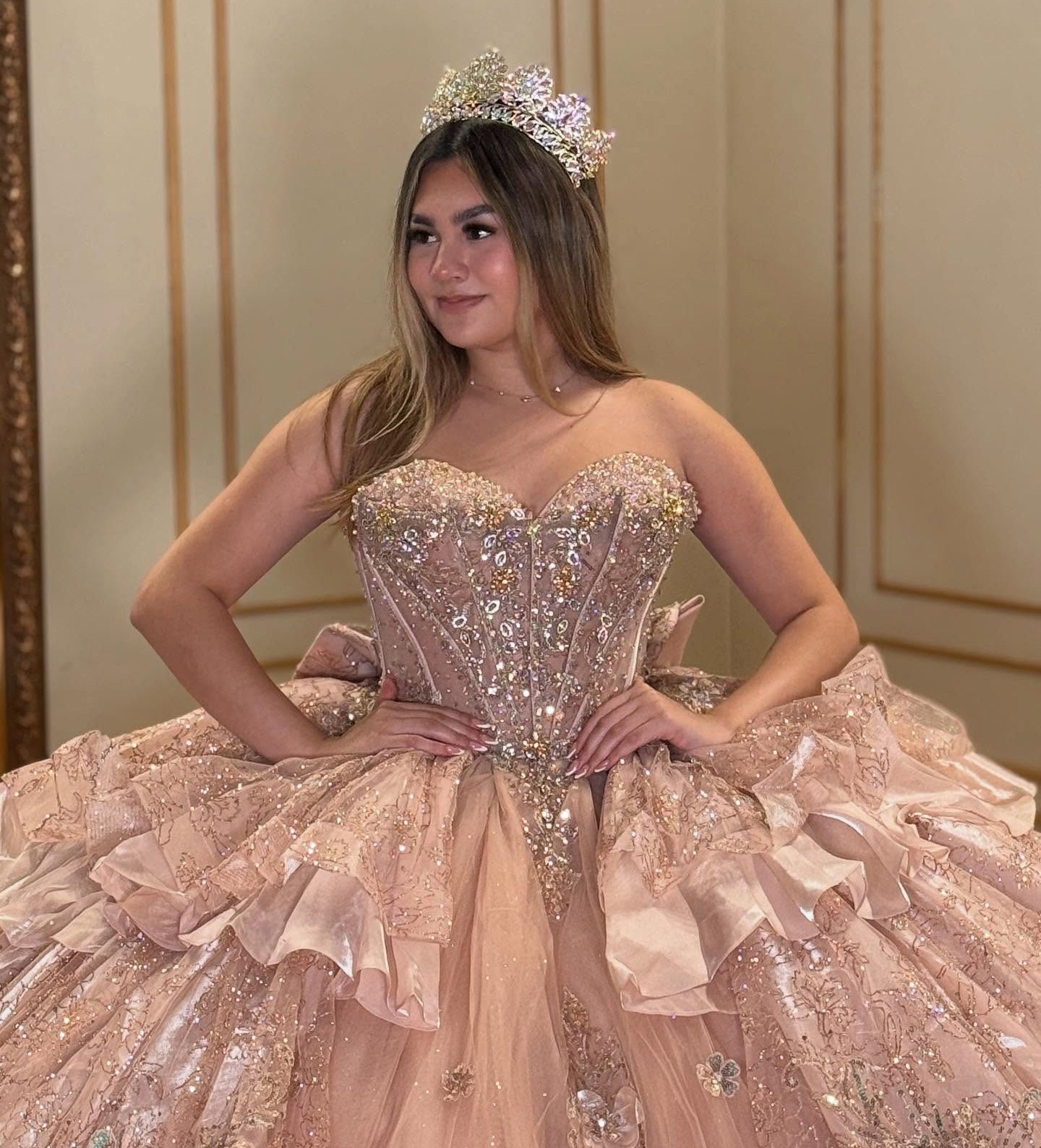 Sweetheart Luxury Tulle 3D Flowers Ruffles Pink Quinceanera Dresses HE898