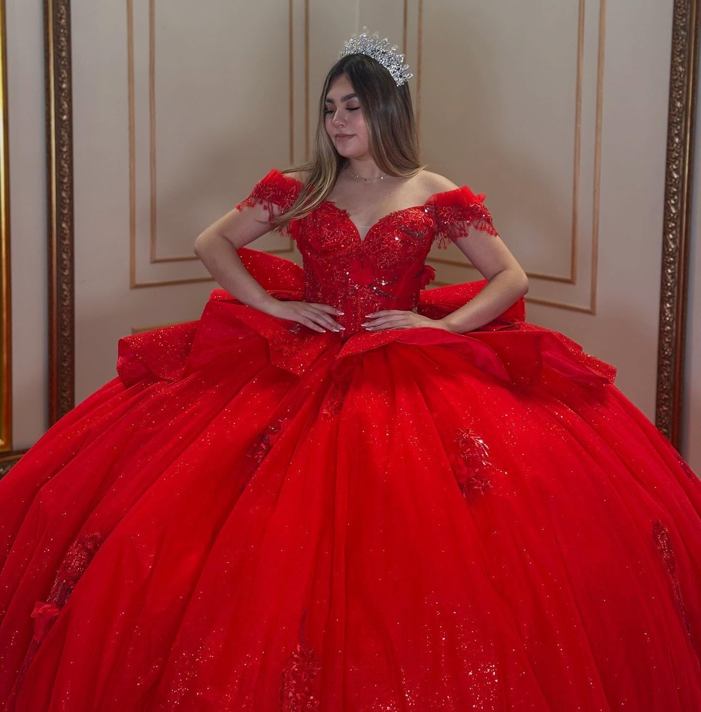 Gorgeous Glittery Tulle Appliqued Beaded Princess Red Quinceanera Dresses HE897