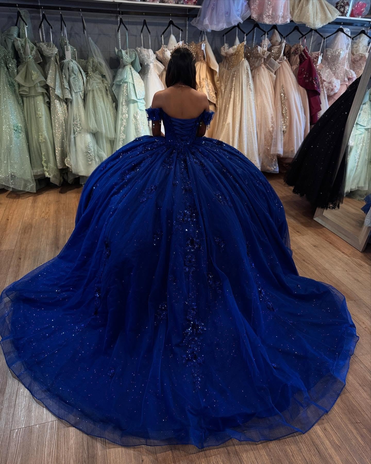 Royal Blue Tulle 3D Flowers Off Shoulder Quinceanera Dresses for Sweet 16 Party HE896