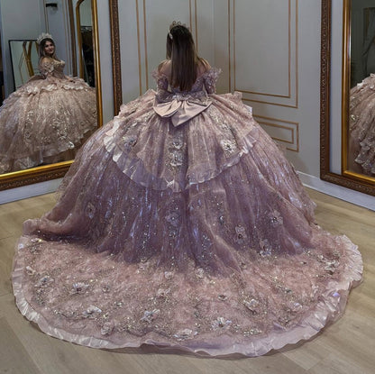 Sweetheart Luxury Tulle 3D Flowers Ruffles Pink Quinceanera Dresses HE898