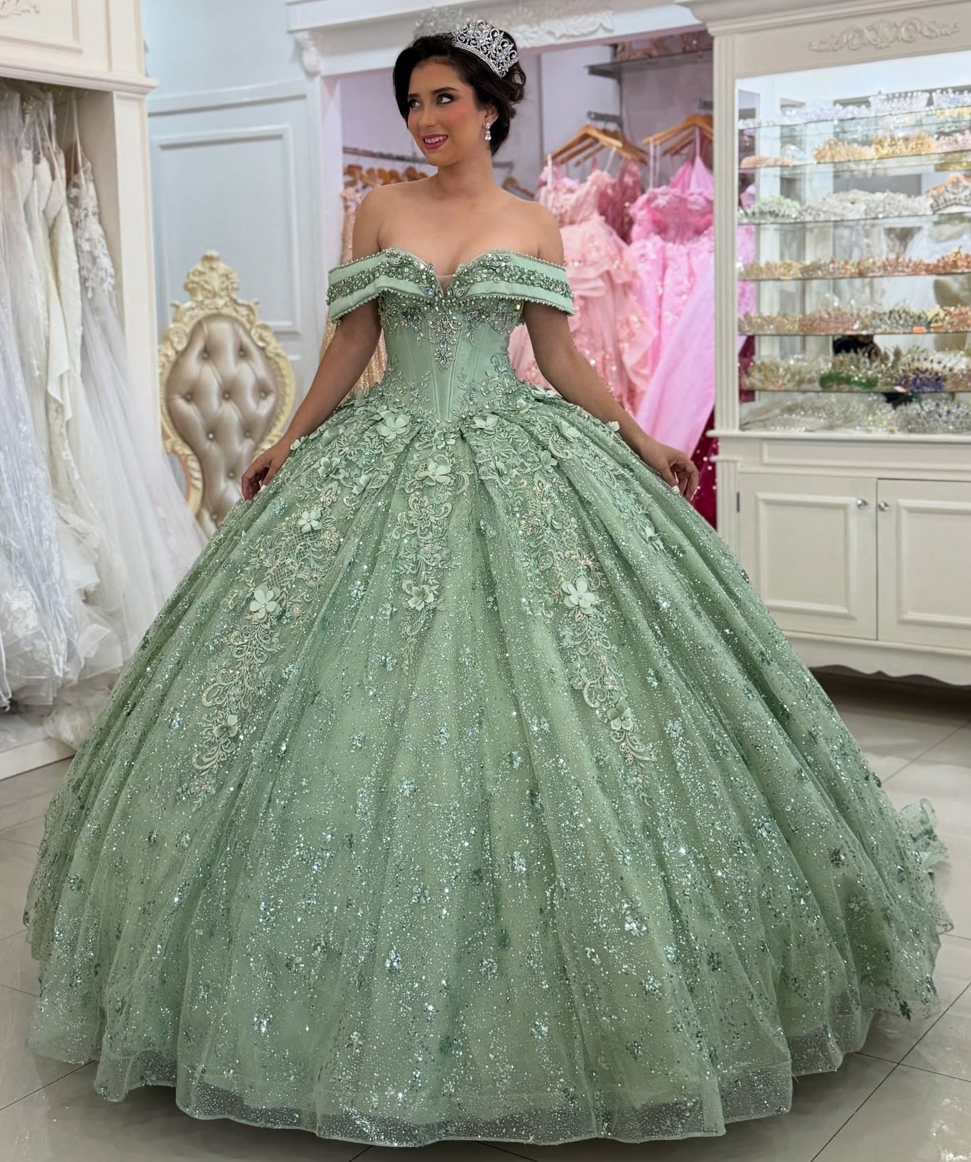 Glittery Tulle Crystal Beaded Princess Sage Quinceanera Dresses for Sweet 15 16 HE974