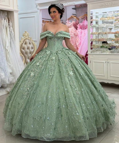 Glittery Tulle Crystal Beaded Princess Sage Quinceanera Dresses for Sweet 15 16 HE974