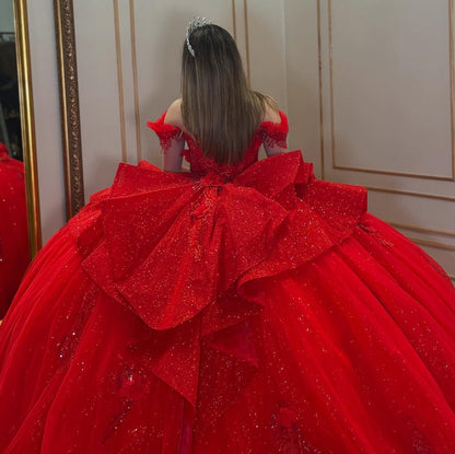 Gorgeous Glittery Tulle Appliqued Beaded Princess Red Quinceanera Dresses HE897
