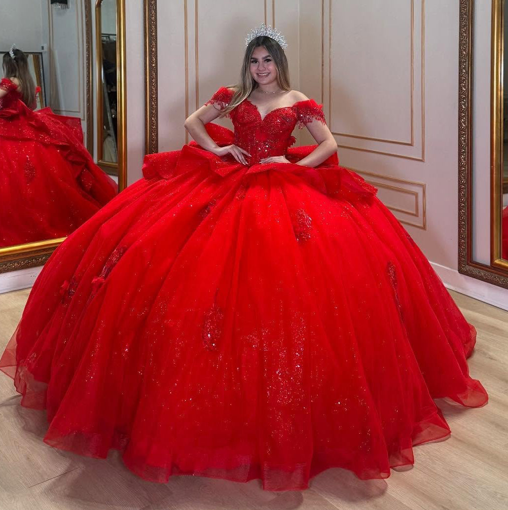 Gorgeous Glittery Tulle Appliqued Beaded Princess Red Quinceanera Dresses HE897