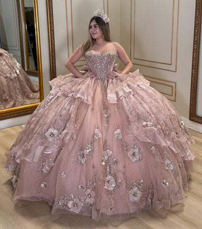 Sweetheart Luxury Tulle 3D Flowers Ruffles Pink Quinceanera Dresses HE898