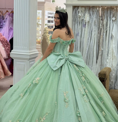 Glittery Tulle Appliqued Beaded Green Sweet 15 Quinceanera Dresses with Big Bow HE1009
