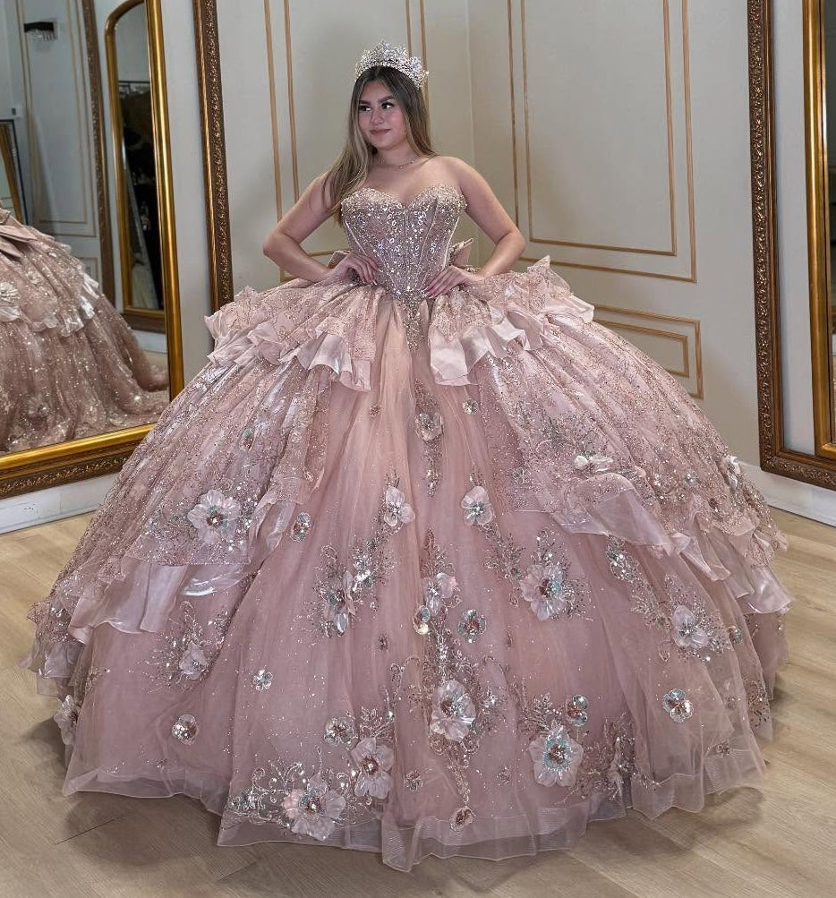 Sweetheart Luxury Tulle 3D Flowers Ruffles Pink Quinceanera Dresses HE898