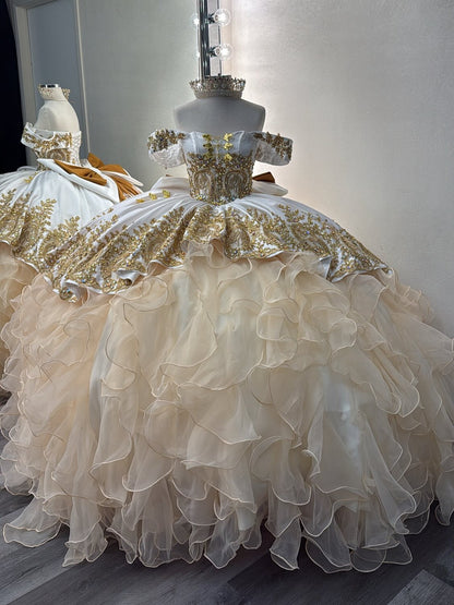 Off Shoulder Champagne Tulle Ruffles Lace Beaded Quinceanera Dresses for Sweet 16 HE933