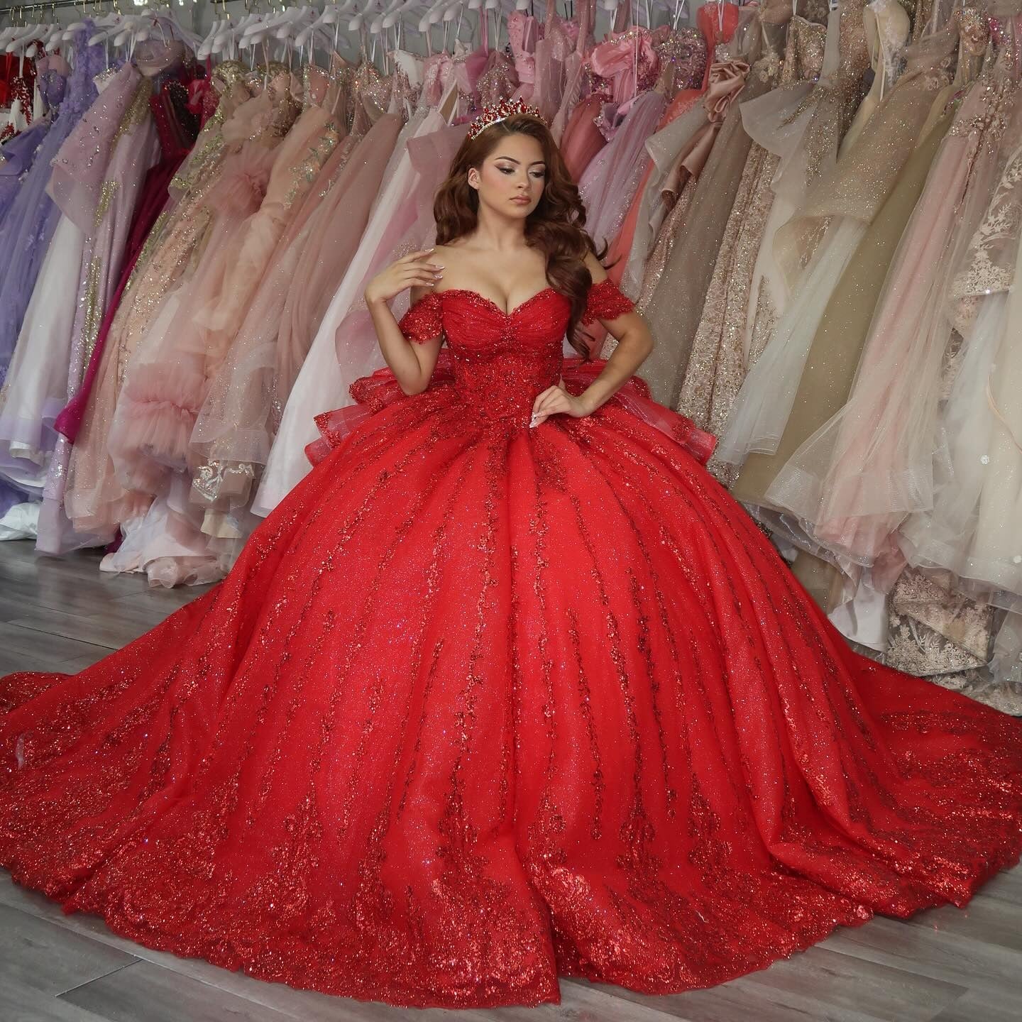 Princess Off Shoulder Glittery Tulle Sequin Beaded Quinceanera Dresses HE899