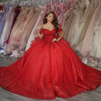 Princess Off Shoulder Glittery Tulle Sequin Beaded Quinceanera Dresses HE899