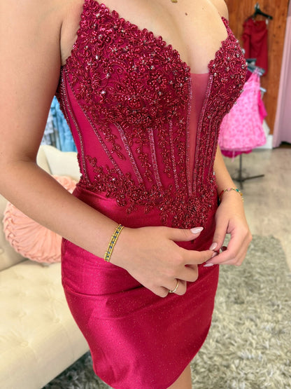 Sweetheart Corset Satin Lace Appliqued Homecoming Dresses Sheath Party Gown HE1492