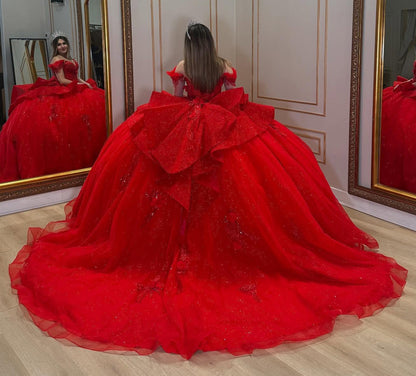 Gorgeous Glittery Tulle Appliqued Beaded Princess Red Quinceanera Dresses HE897