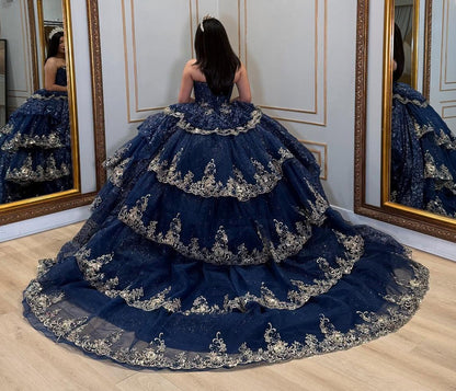 Luxury Glittery Lace Beaded Tulle Sweetheart Quinceanera Dresses with Ruffles HE901