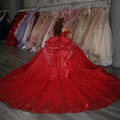 Princess Off Shoulder Glittery Tulle Sequin Beaded Quinceanera Dresses HE899