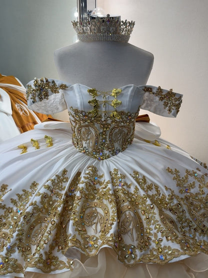 Off Shoulder Champagne Tulle Ruffles Lace Beaded Quinceanera Dresses for Sweet 16 HE933